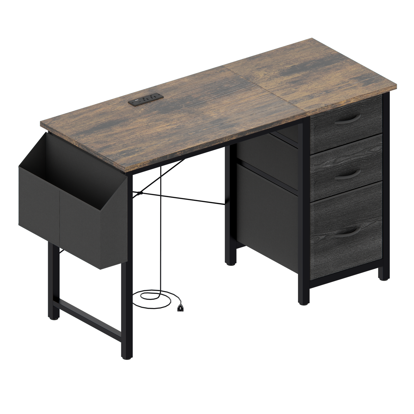 Rustic wood computer desk with builtin USB ports and three drawers