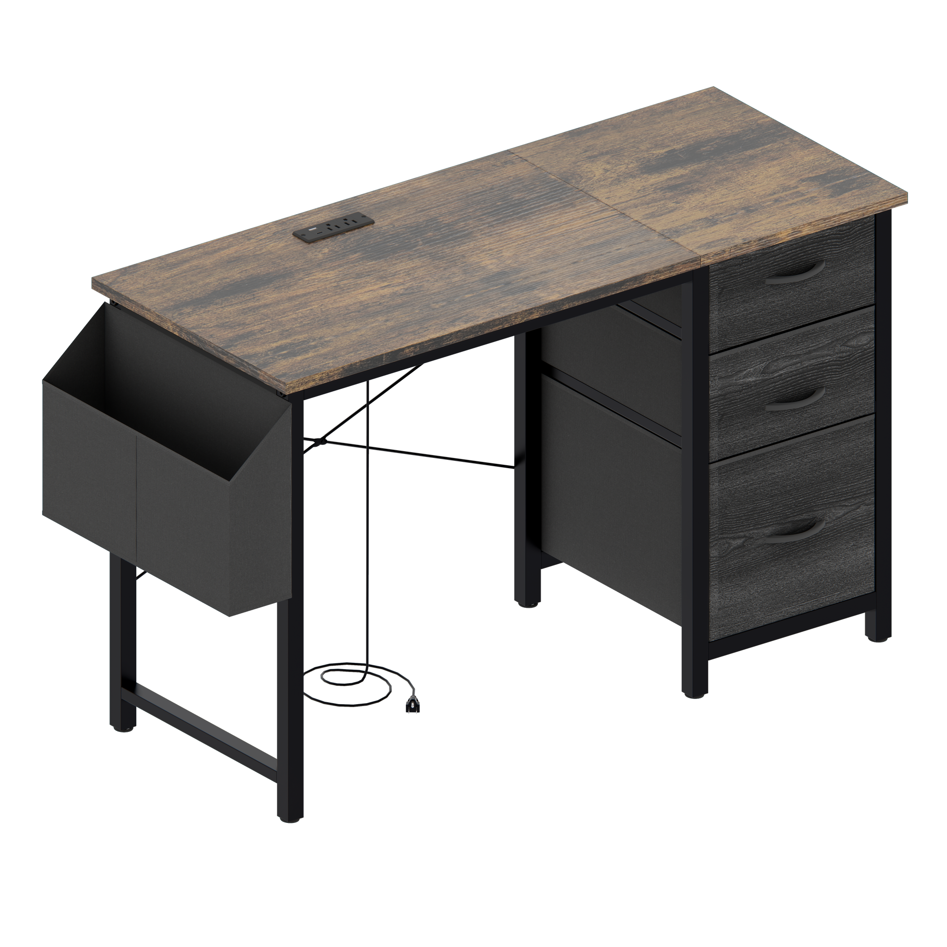 Rustic wood computer desk with builtin USB ports and three drawers