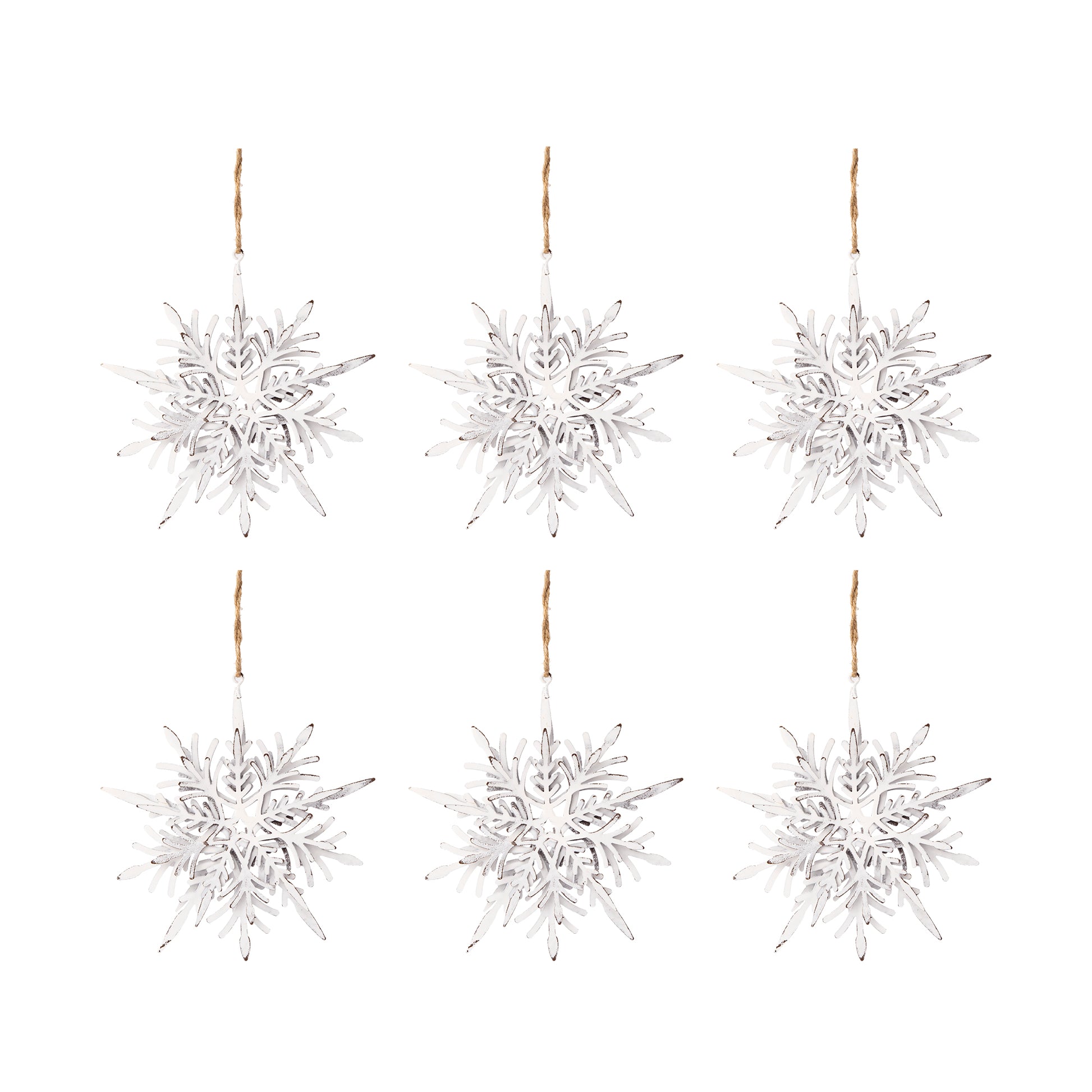 Distressed white wooden snowflake ornaments set of six hanging by twine