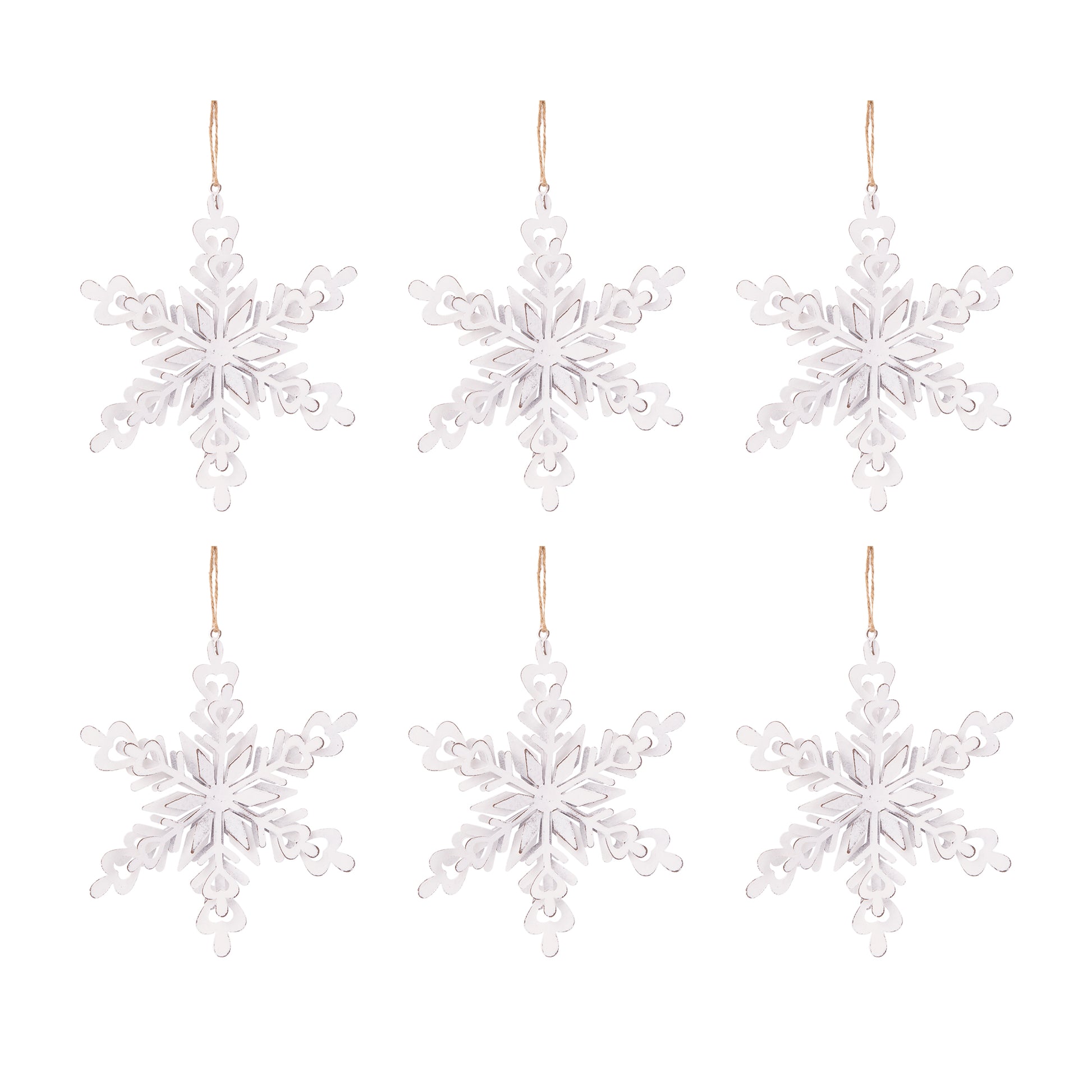 Set of six white wooden snowflake ornaments perfect for festive winter decor