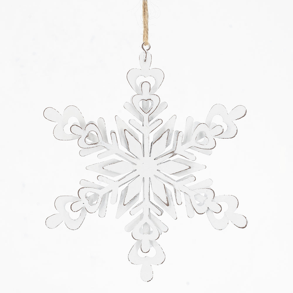 White wooden snowflake ornament with distressed details perfect for Christmas decor