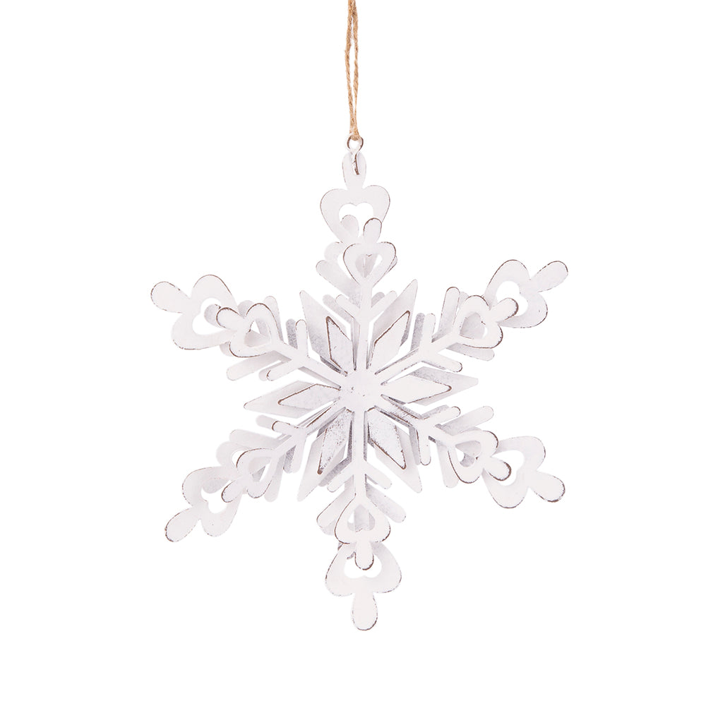 Rustic white wooden snowflake ornament with distressed finish for holiday decor