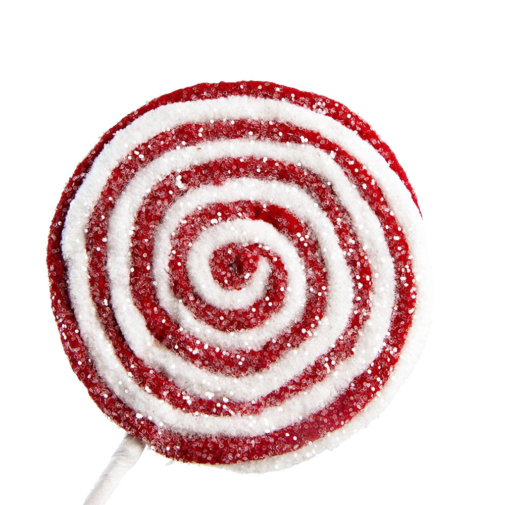 Glittery red and white swirl lollipop decoration with white stick