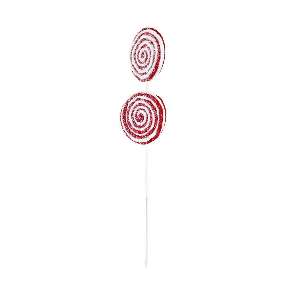 Red and white spiral lollipop decoration on a white stick