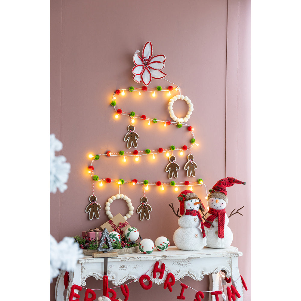 Lightup wallmounted Christmas tree decoration with gingerbread men and pompoms