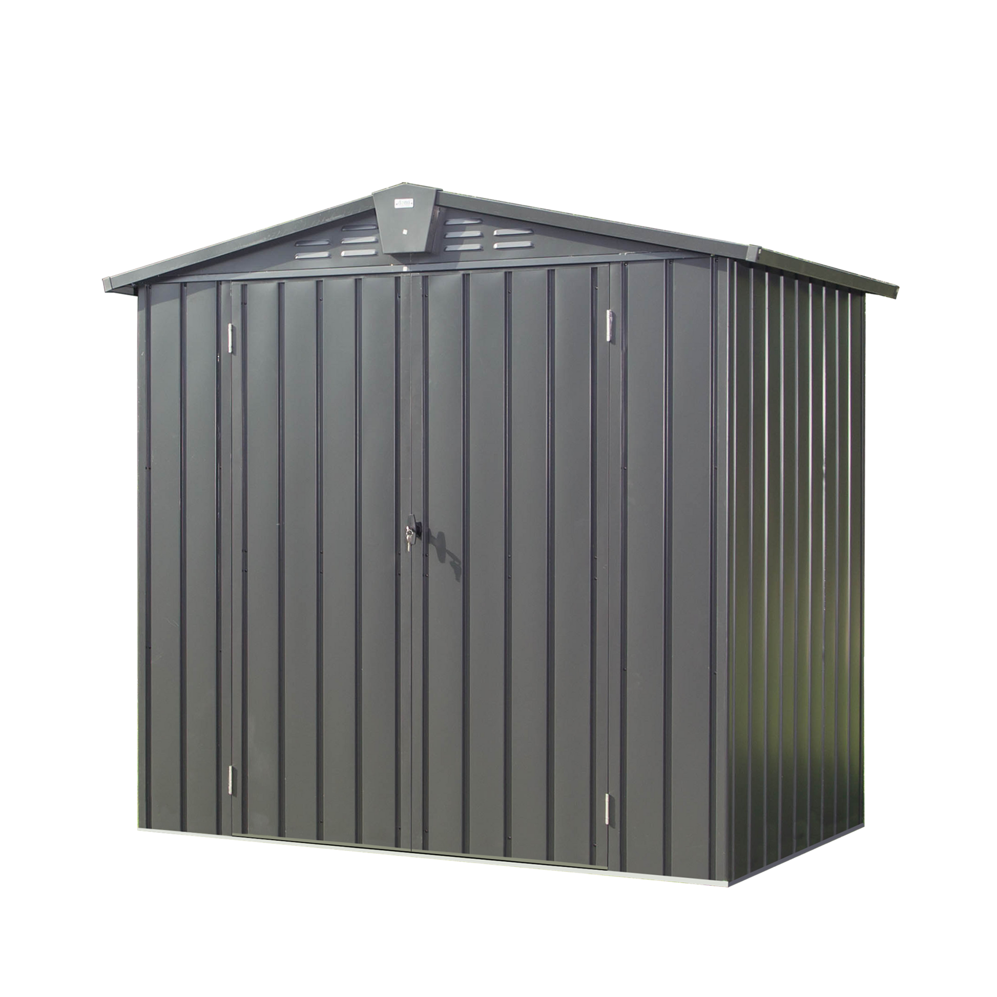 Galvanized steel garden shed with double doors and locking mechanism for secure outdoor storage