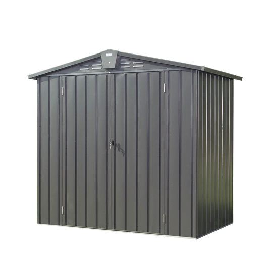 Galvanized steel garden shed with double doors and locking mechanism for secure outdoor storage