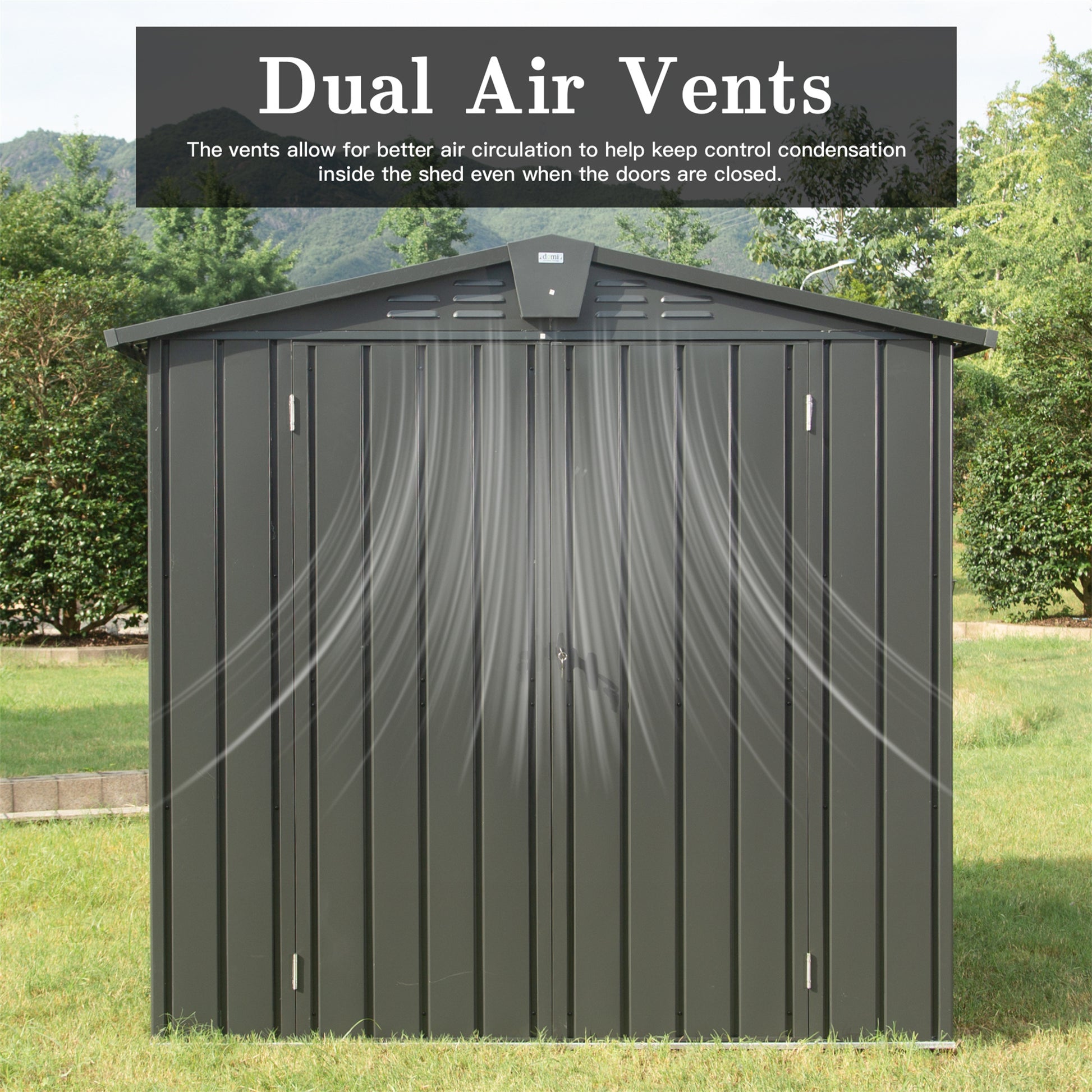 Dark gray metal storage shed with dual air vents for ventilation