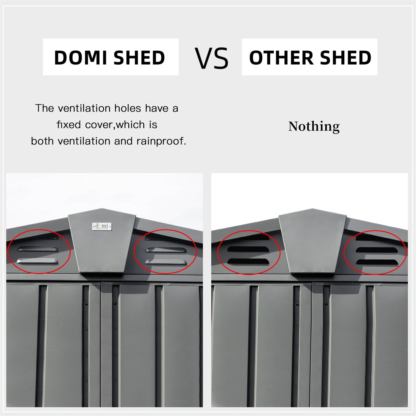 DOMI SHED ventilation holes feature a fixed cover for rainproof unlike other sheds