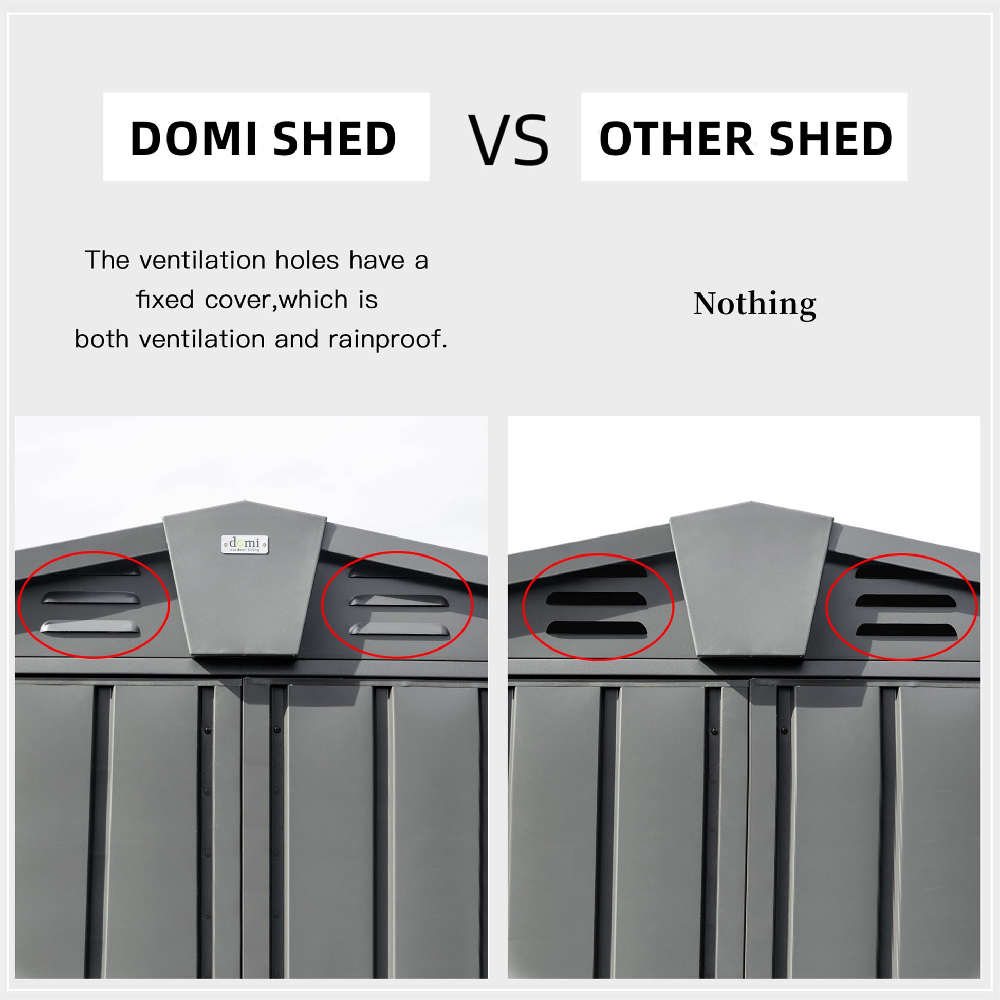 DOMI SHED ventilation holes feature a fixed cover for rainproof unlike other sheds