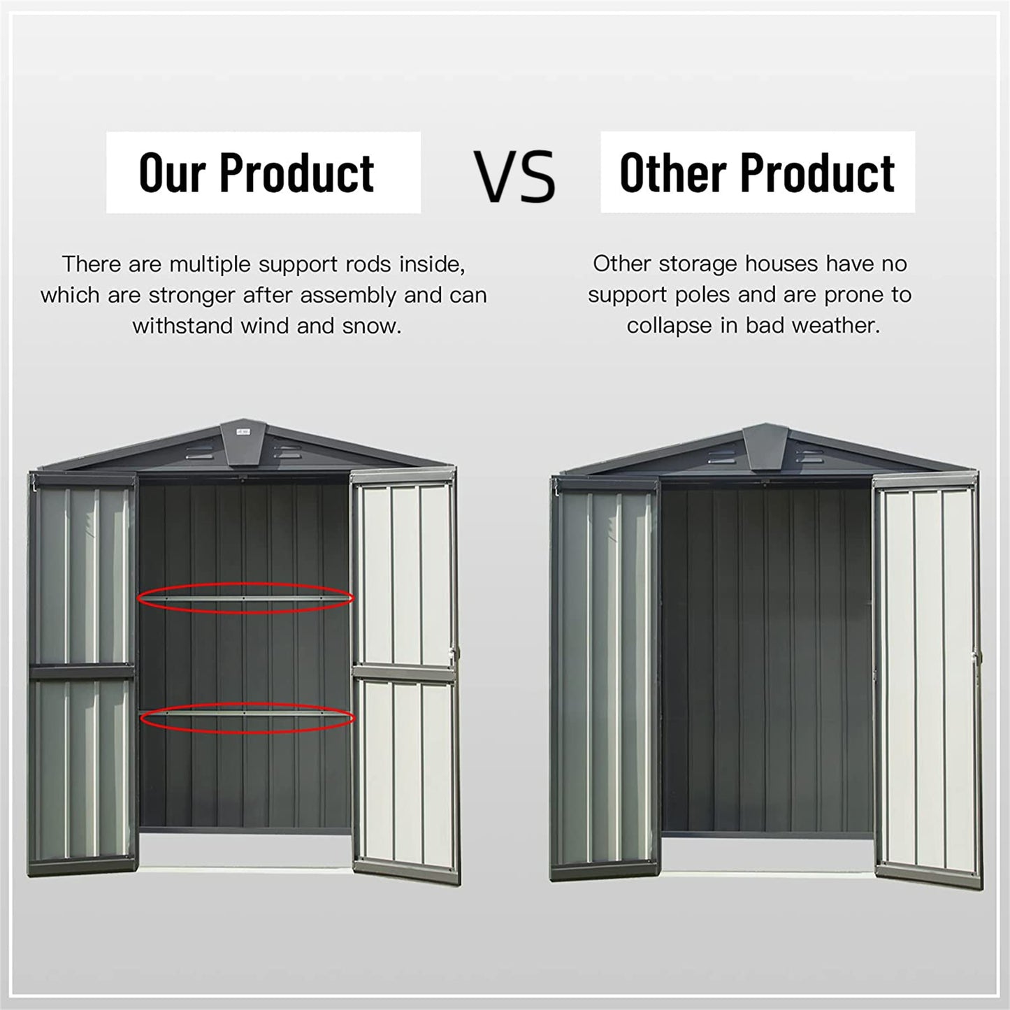 Grey metal garden shed with double doors featuring internal support rods