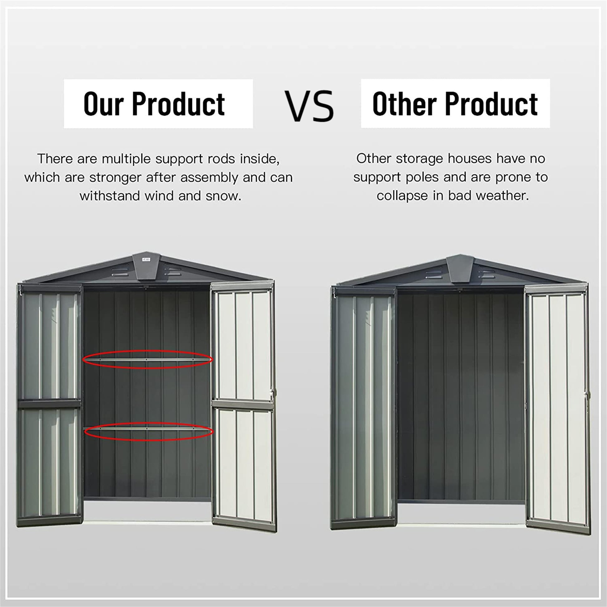 Grey metal garden shed with double doors featuring internal support rods