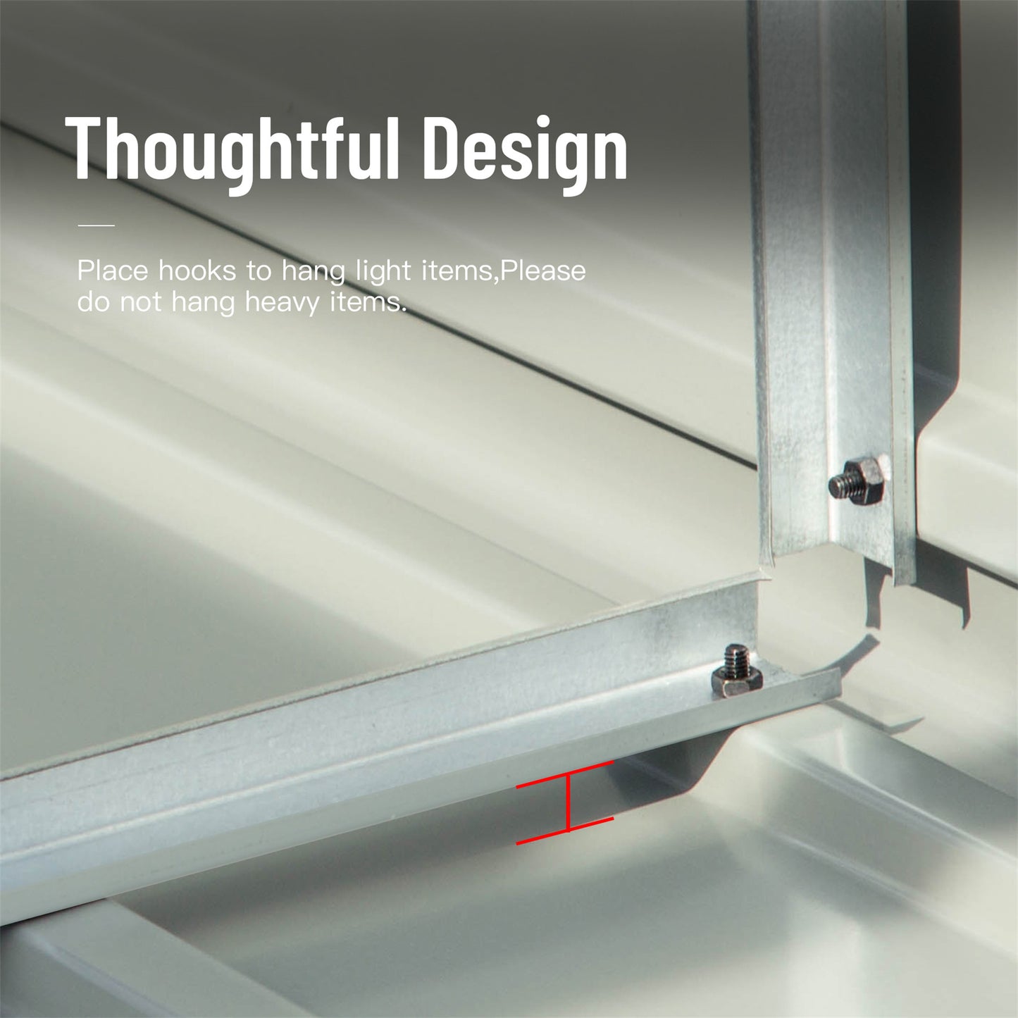 Closeup of galvanized steel shed frame showing construction detail and a bolt for assembly