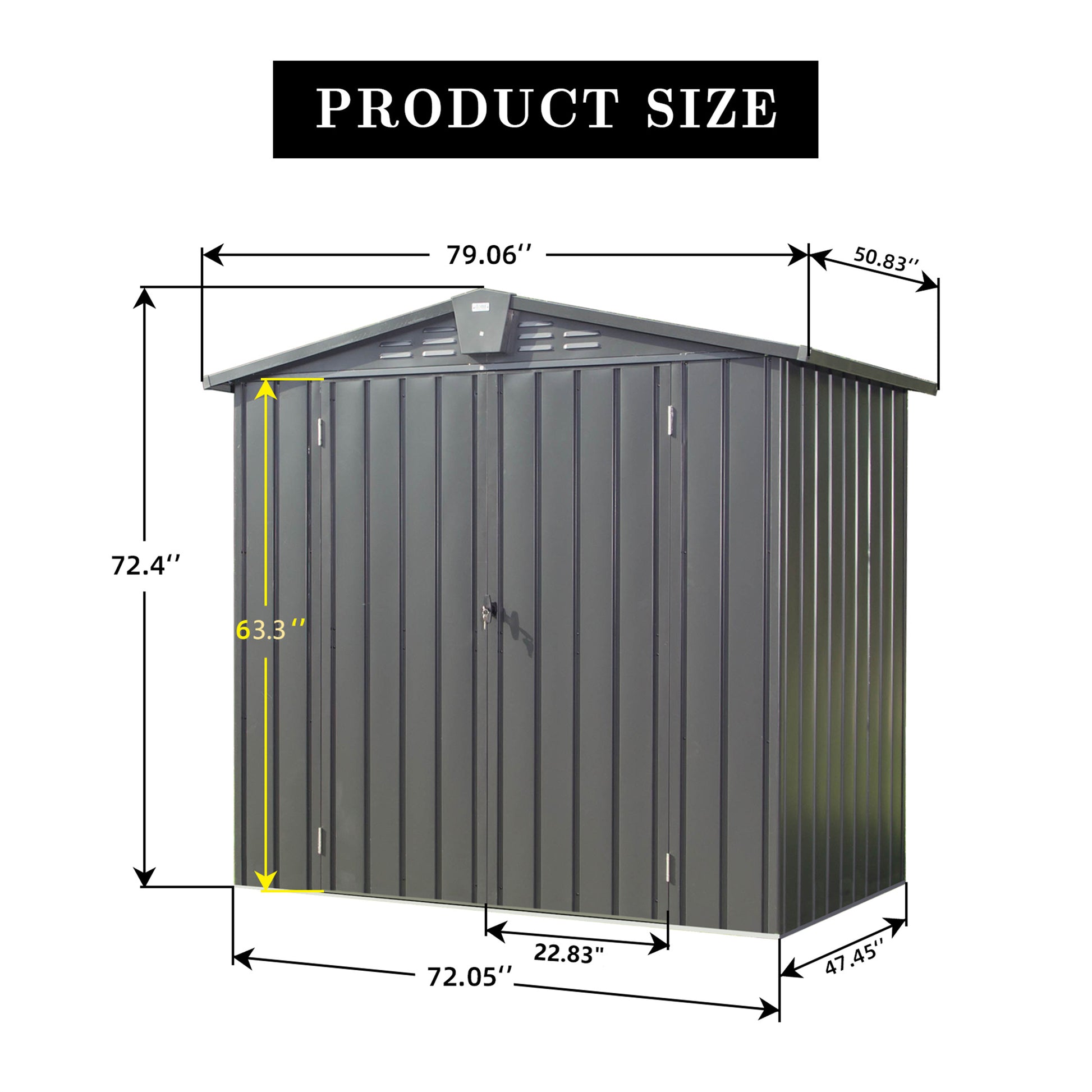 Gray metal storage shed with double doors  W x  D x  H dimensions shown