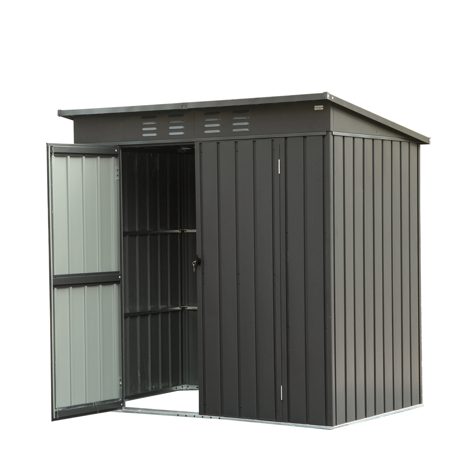 Dark grey metal garden shed with double doors and shelves ideal for outdoor storage