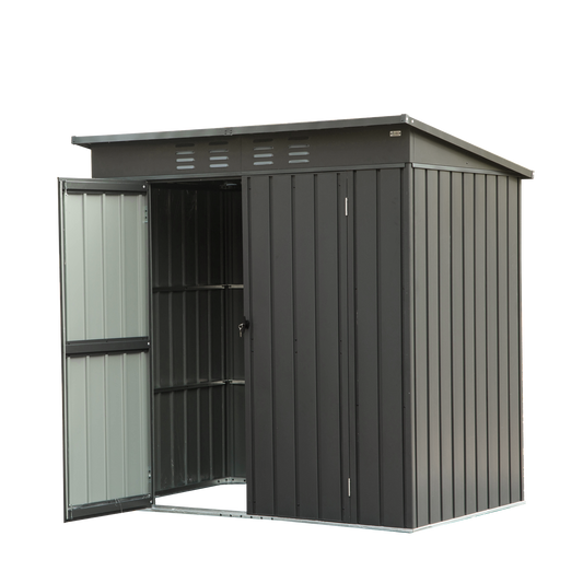 Dark grey metal garden shed with double doors and shelves ideal for outdoor storage