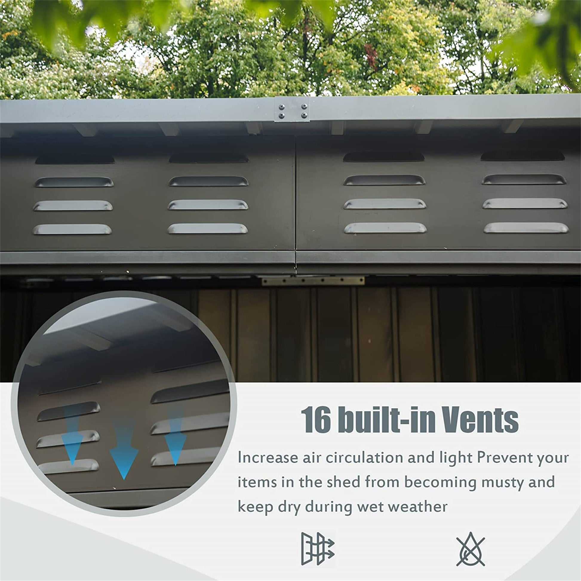 Metal shed with multiple ventilation slots for air circulation