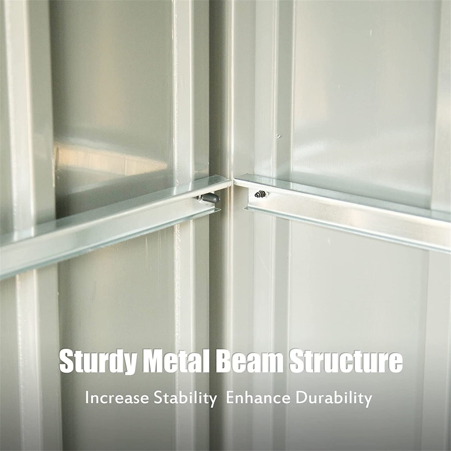 Closeup of a silver metal beam structure reinforcing a storage shed enhancing stability