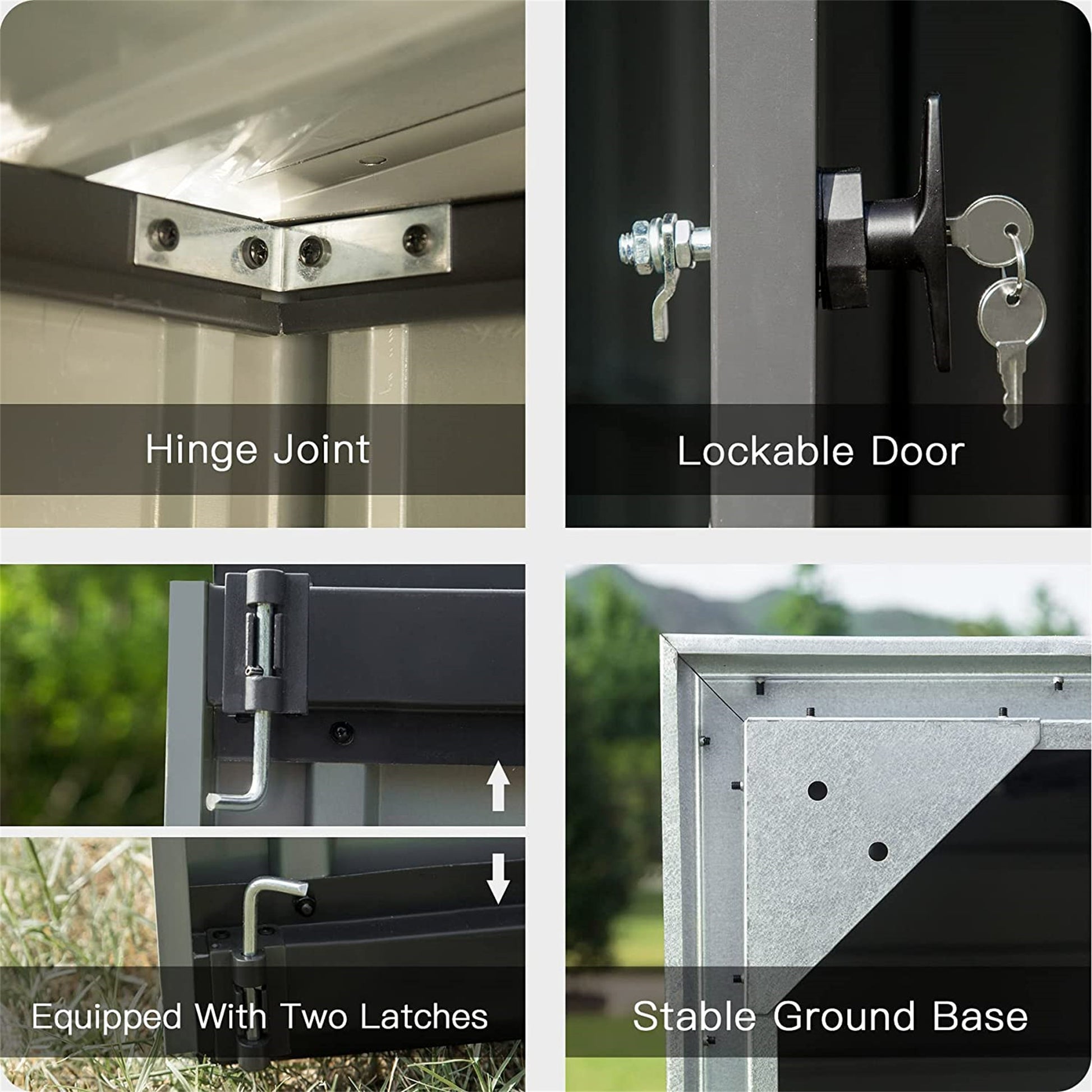 Closeup of sturdy metal hinge joints on a storage shed assembly for secure connections