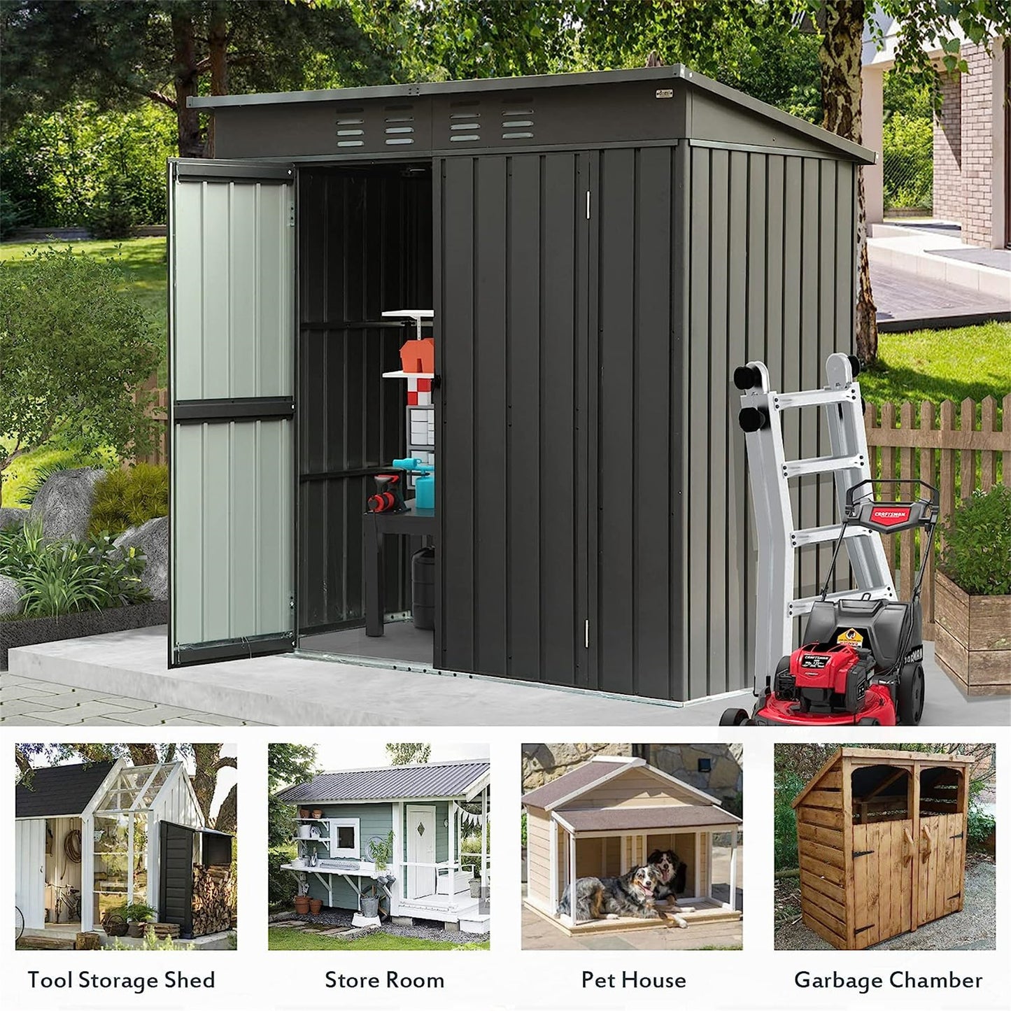 Gray metal garden shed with double doors open showcasing organized tools and shelves
