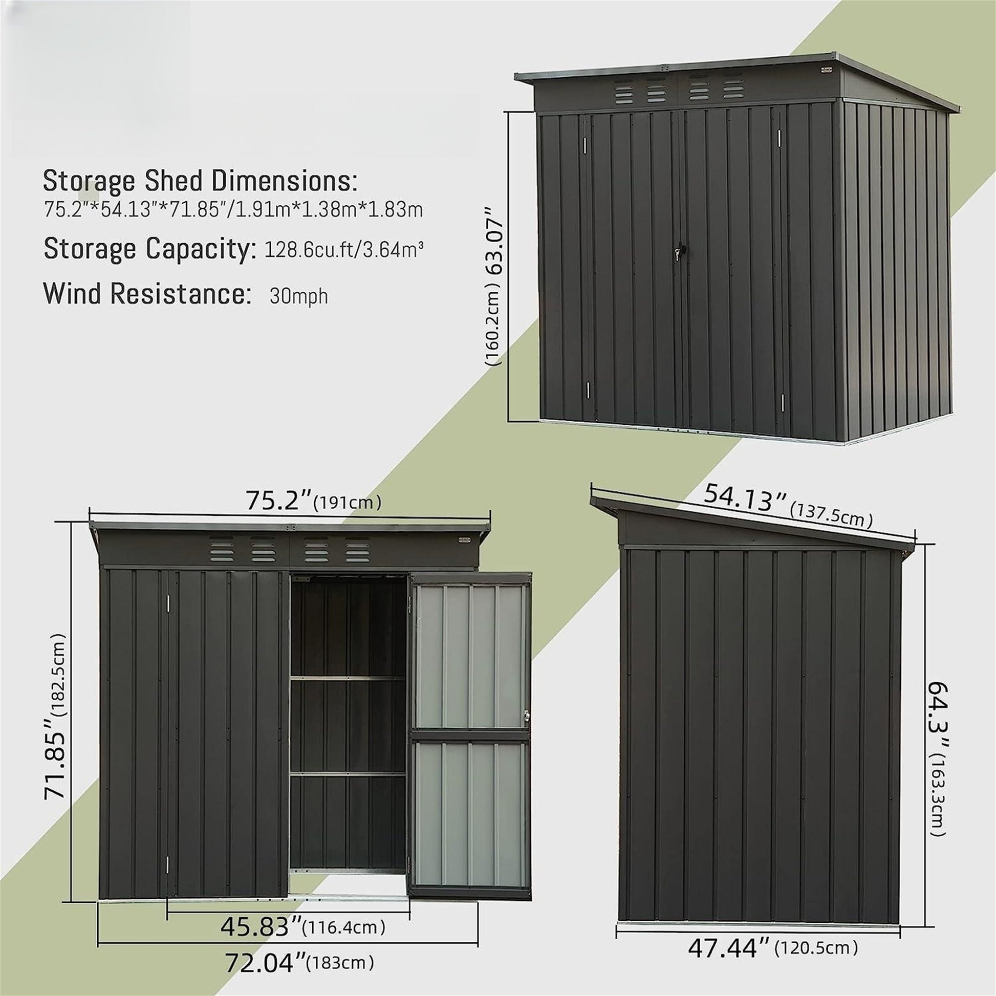 Dark grey metal storage shed with double doors and peaked roof W x D x H