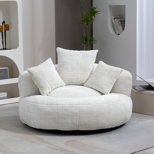 Plush white boucle armchair with round modern design and four accent pillows