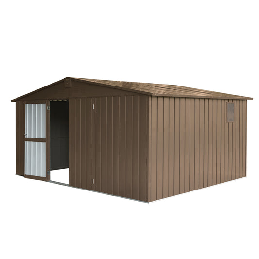 Brown corrugated metal garden shed with double doors and a small window