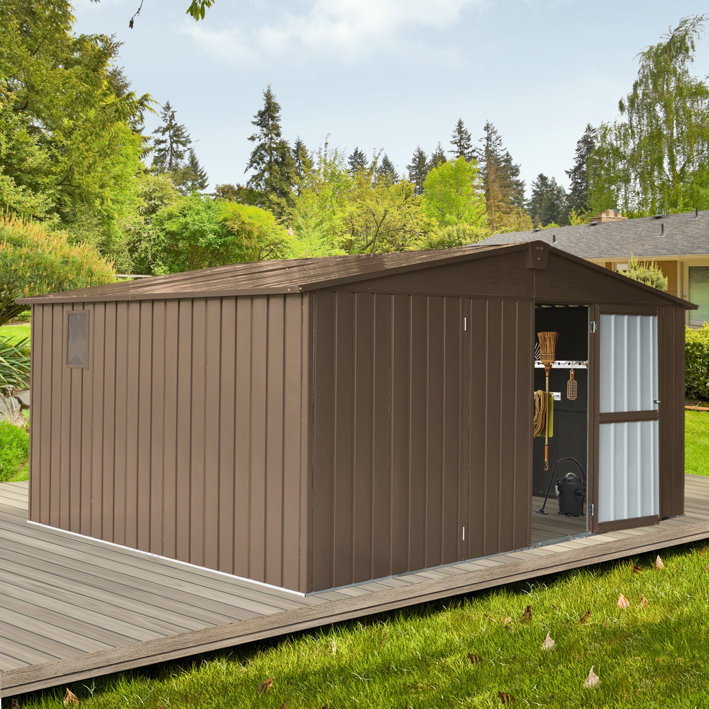 Brown metal garden shed with double doors and a small window offering backyard storage