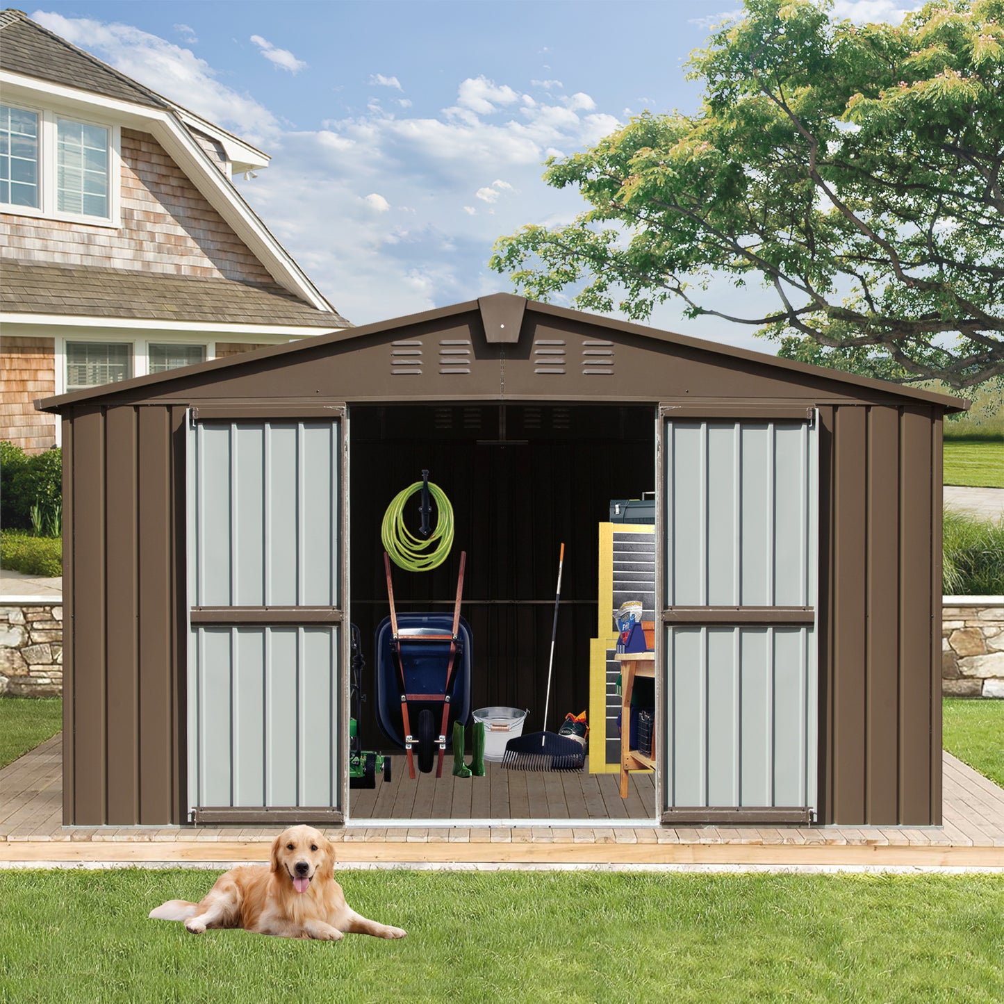 Brown metal garden shed with sliding doors outdoor storage solution for tools