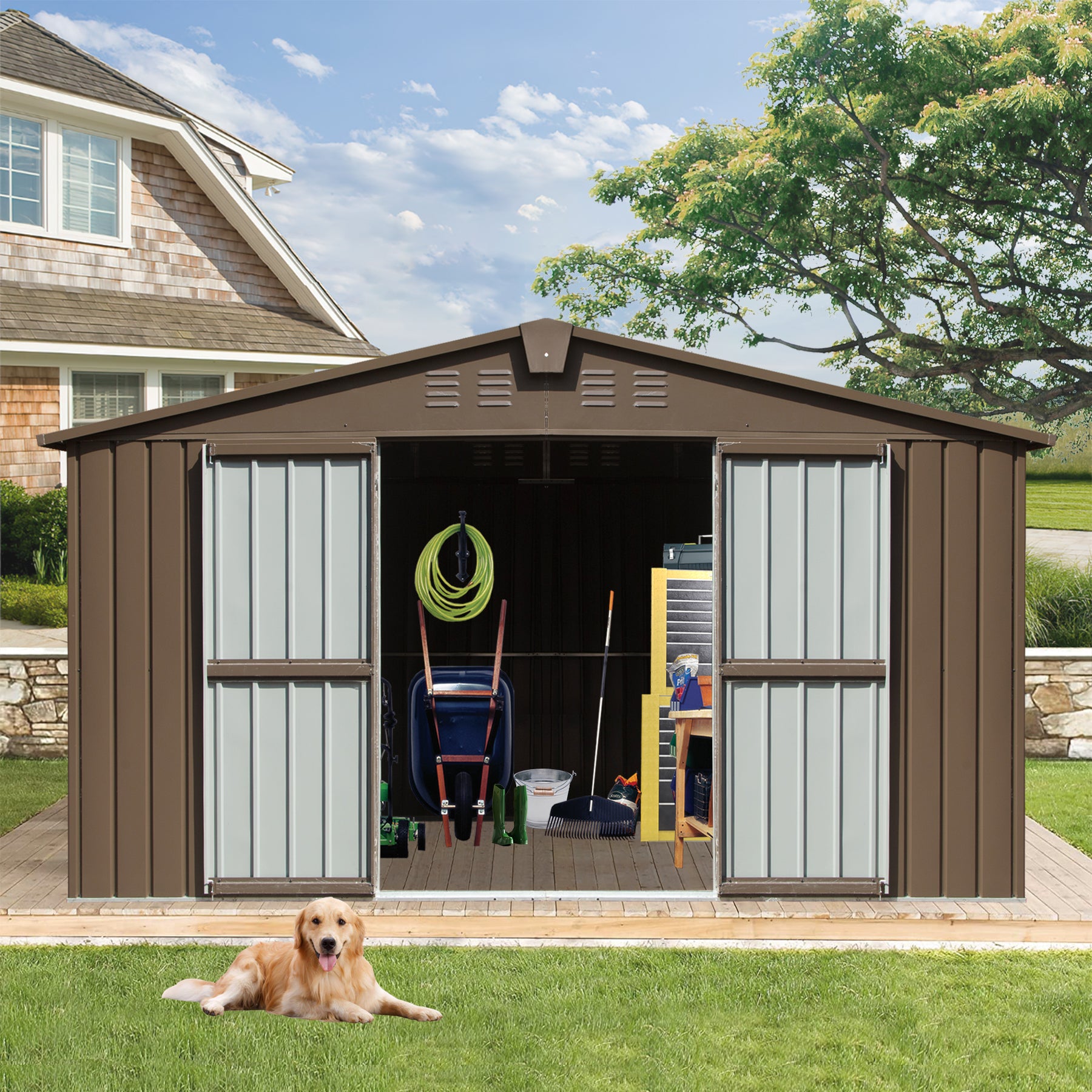 Brown metal garden shed with sliding doors outdoor storage solution for tools