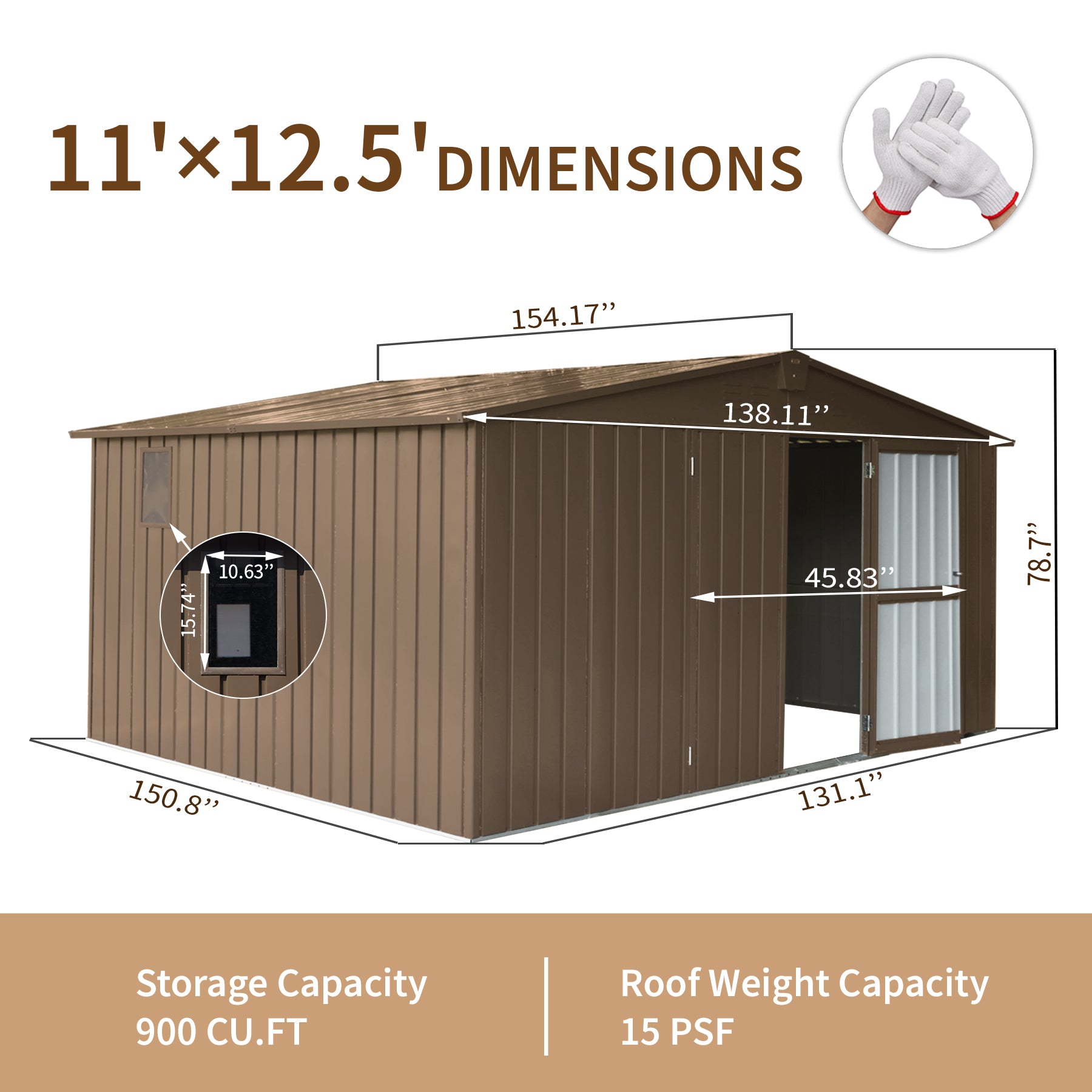 Brown metal storage shed with double doors and a window x dimensions