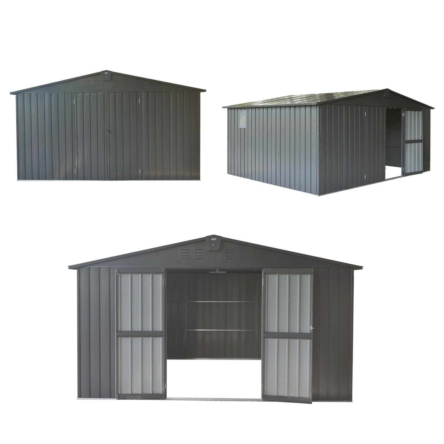 Dark grey metal garden shed with double doors and vents