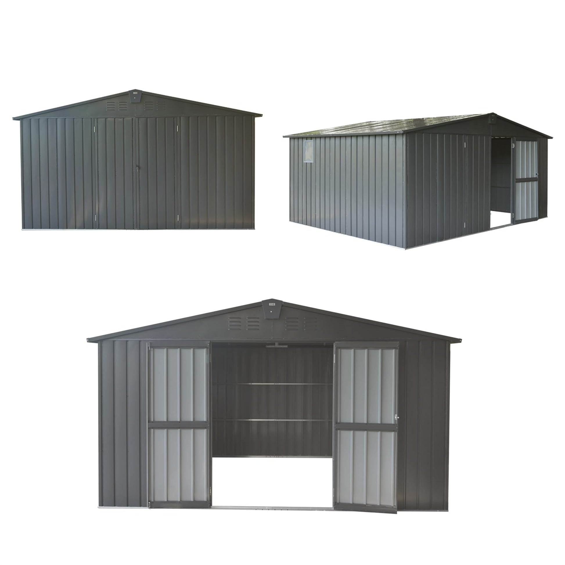 Dark grey metal garden shed with double doors and vents