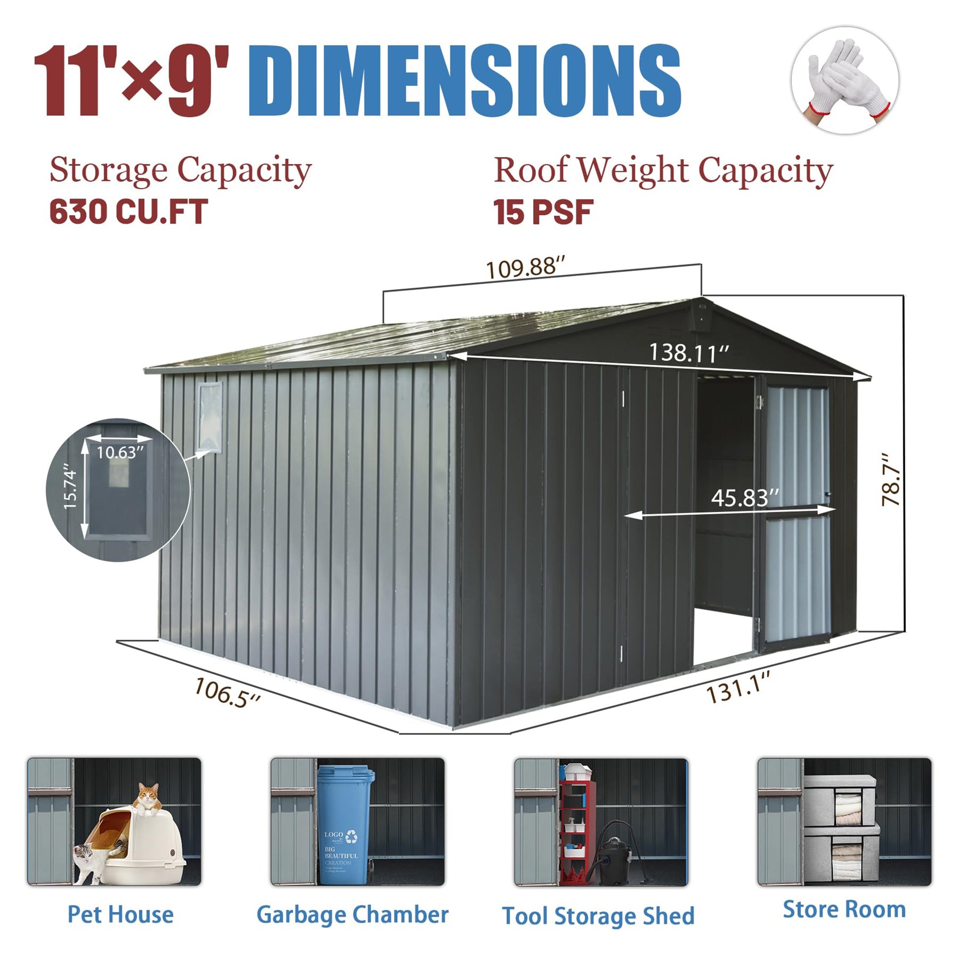 x dark gray metal outdoor storage shed with double doors and a small window