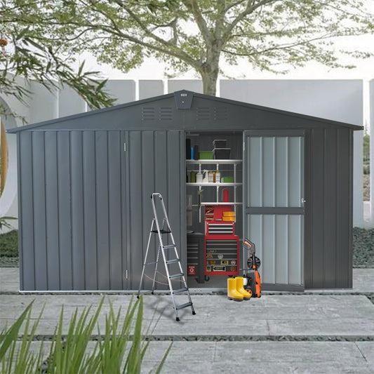 Grey metal garden shed with tools and storage solutions displayed inside