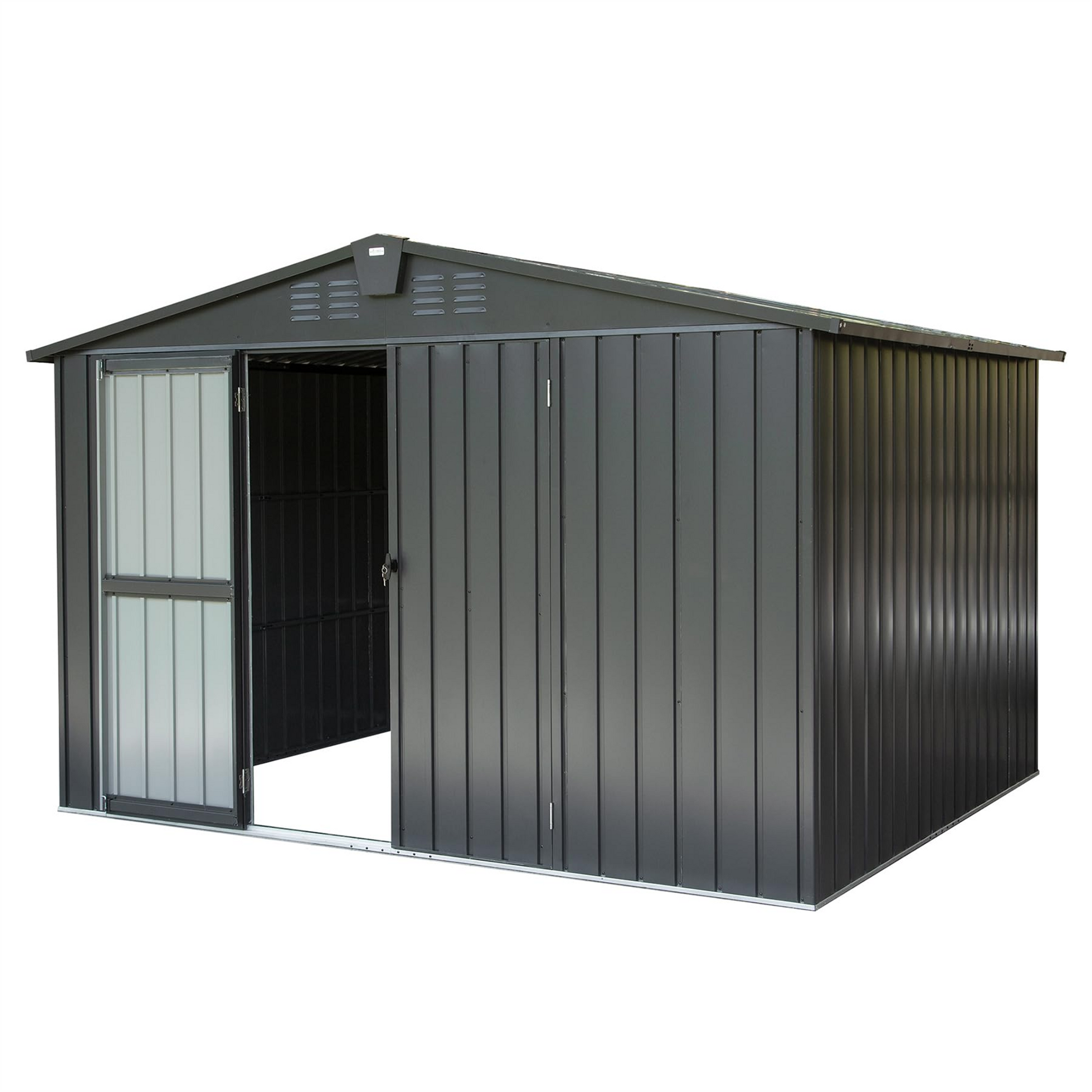 Dark gray metal garden shed with double doors and a transparent panel on the left door