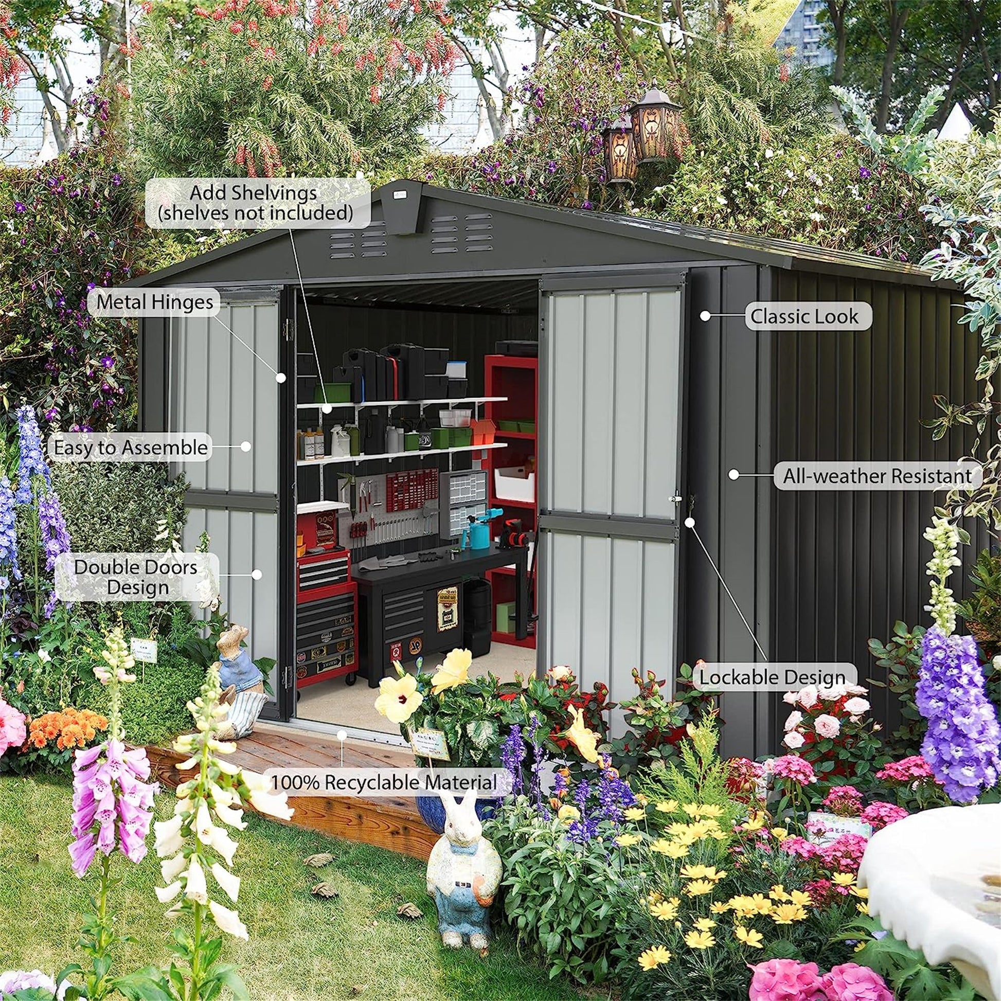 Dark grey metal garden shed with double doors lockable design and allweather resistant