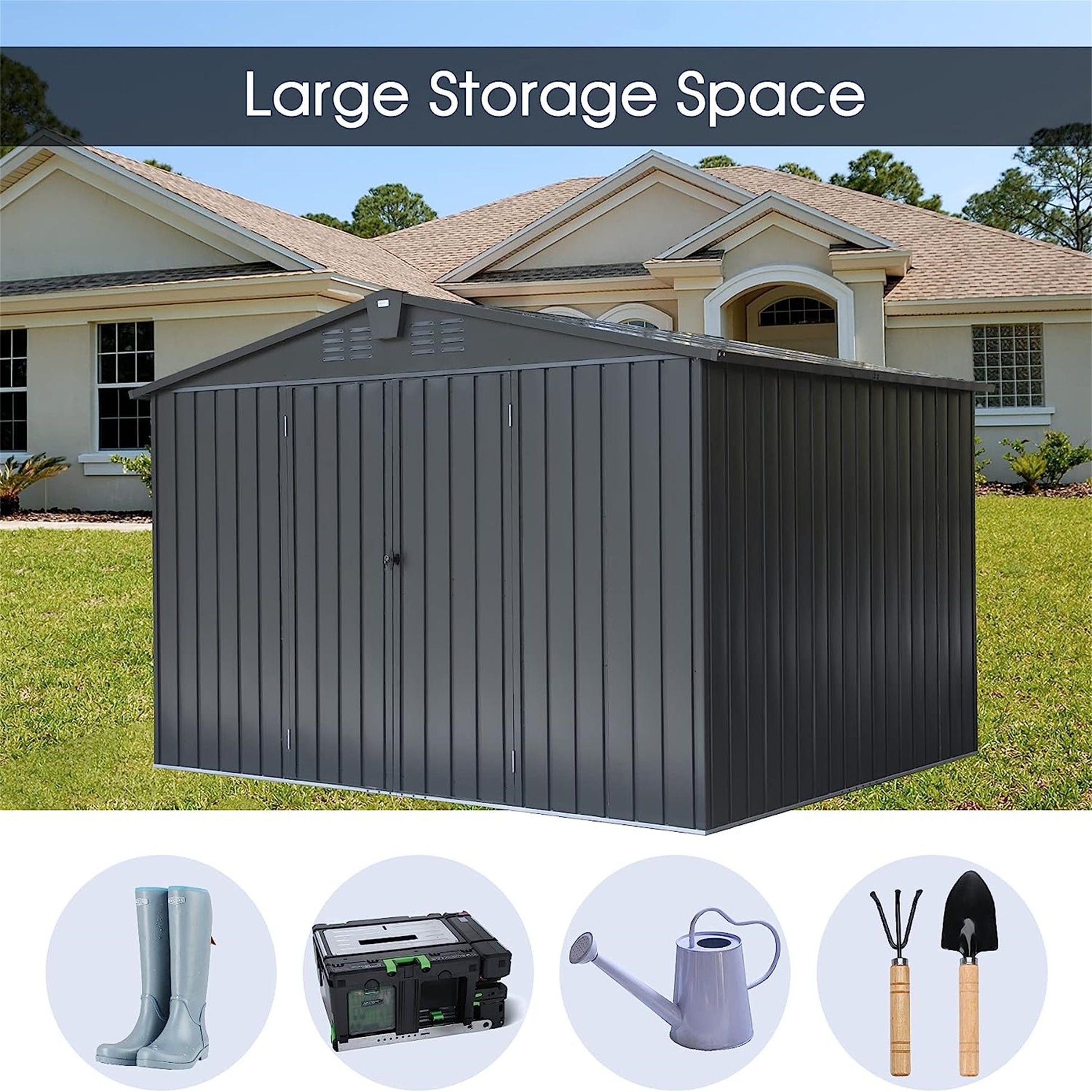 Charcoal grey metal garden shed with double doors and ventilation ideal for outdoor storage