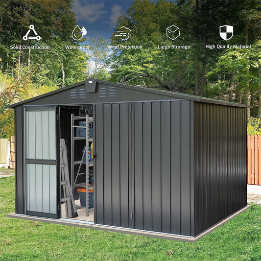 Dark grey metal garden shed with sliding doors and shelving ideal for outdoor storage