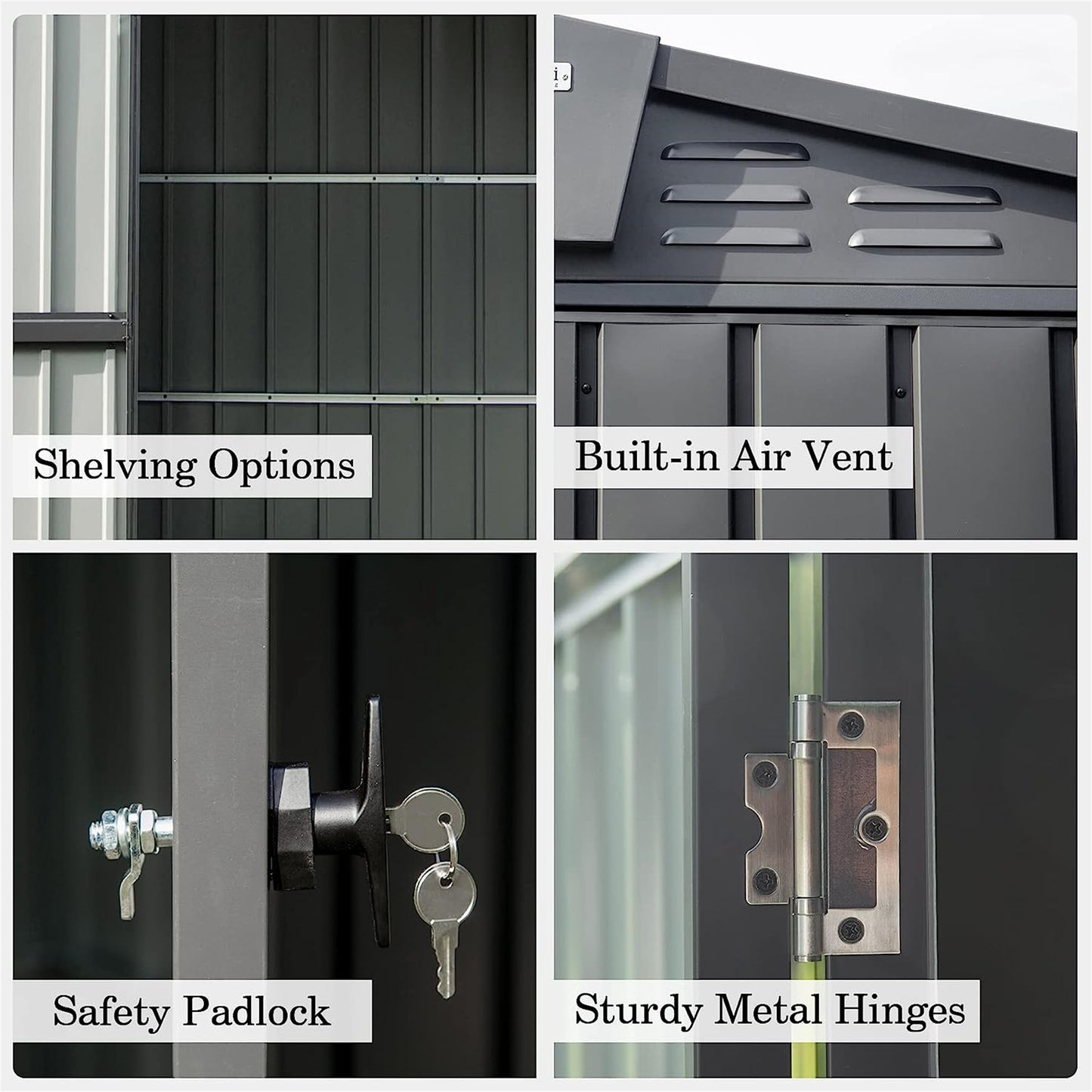 Dark gray metal shed interior showing multiple horizontal support bars for shelving options