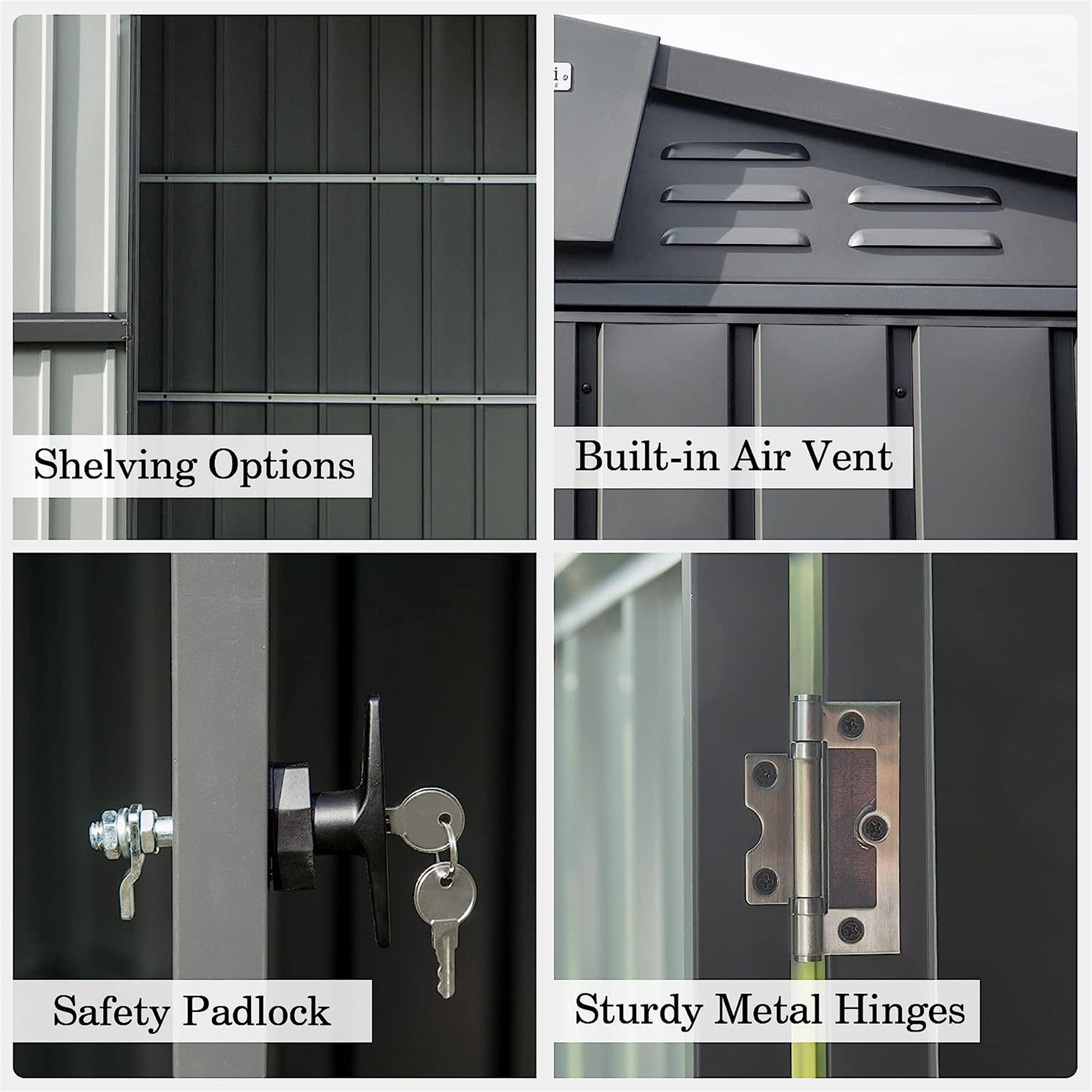 Dark gray metal shed interior showing multiple horizontal support bars for shelving options