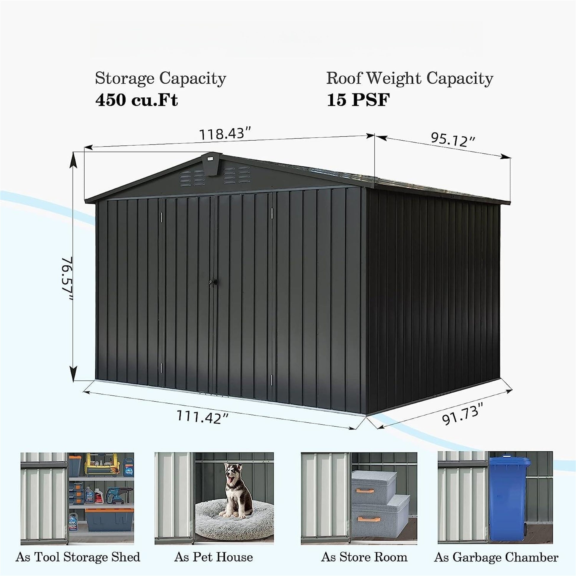 Large dark grey metal garden shed with double doors and  cuft storage capacity