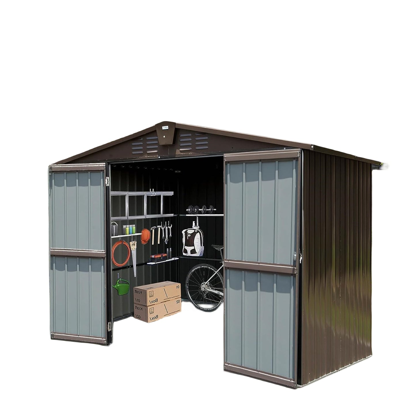 Brown metal garden shed with open double doors showing tools bike and storage boxes