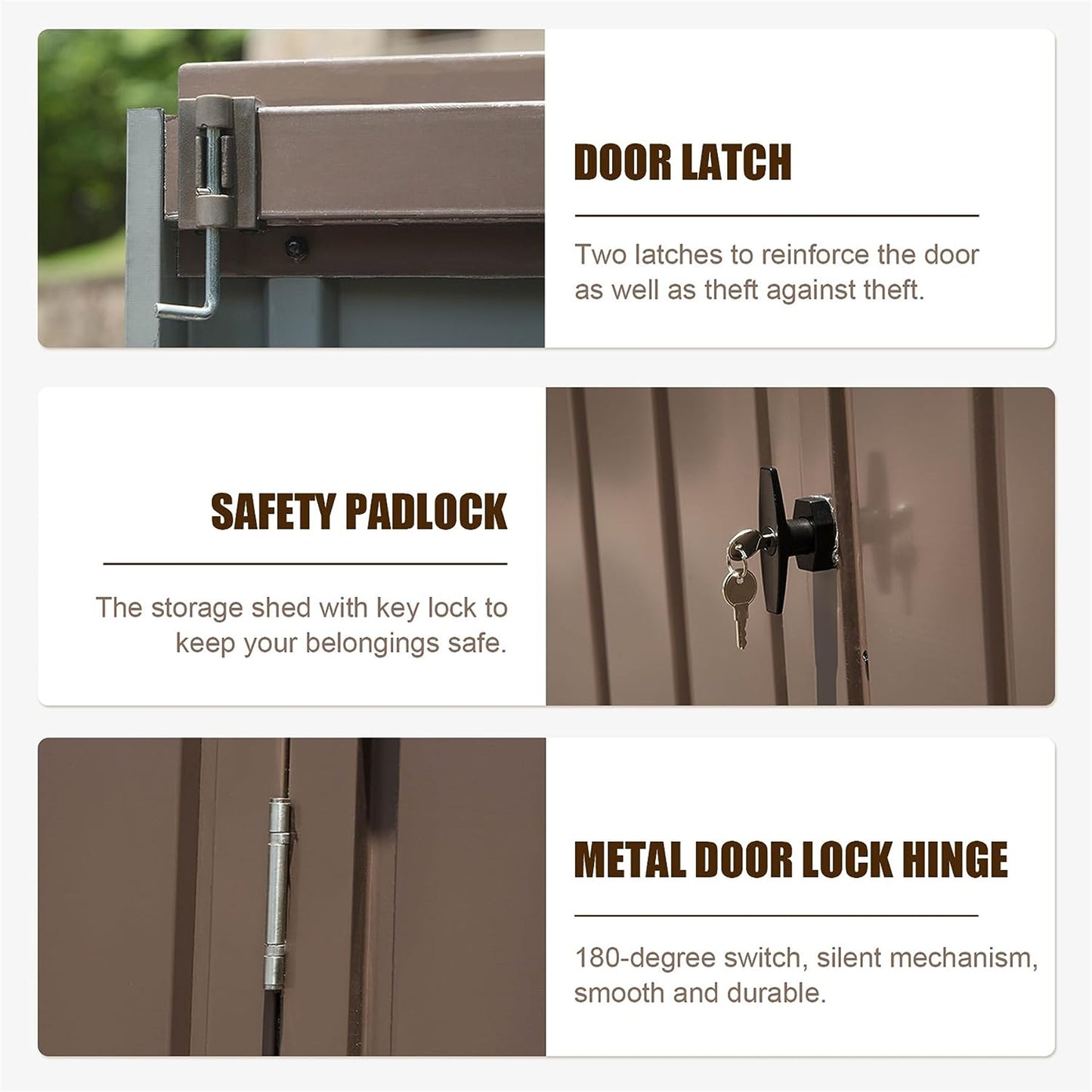Closeup of a brown metal storage sheds reinforced door latch mechanism