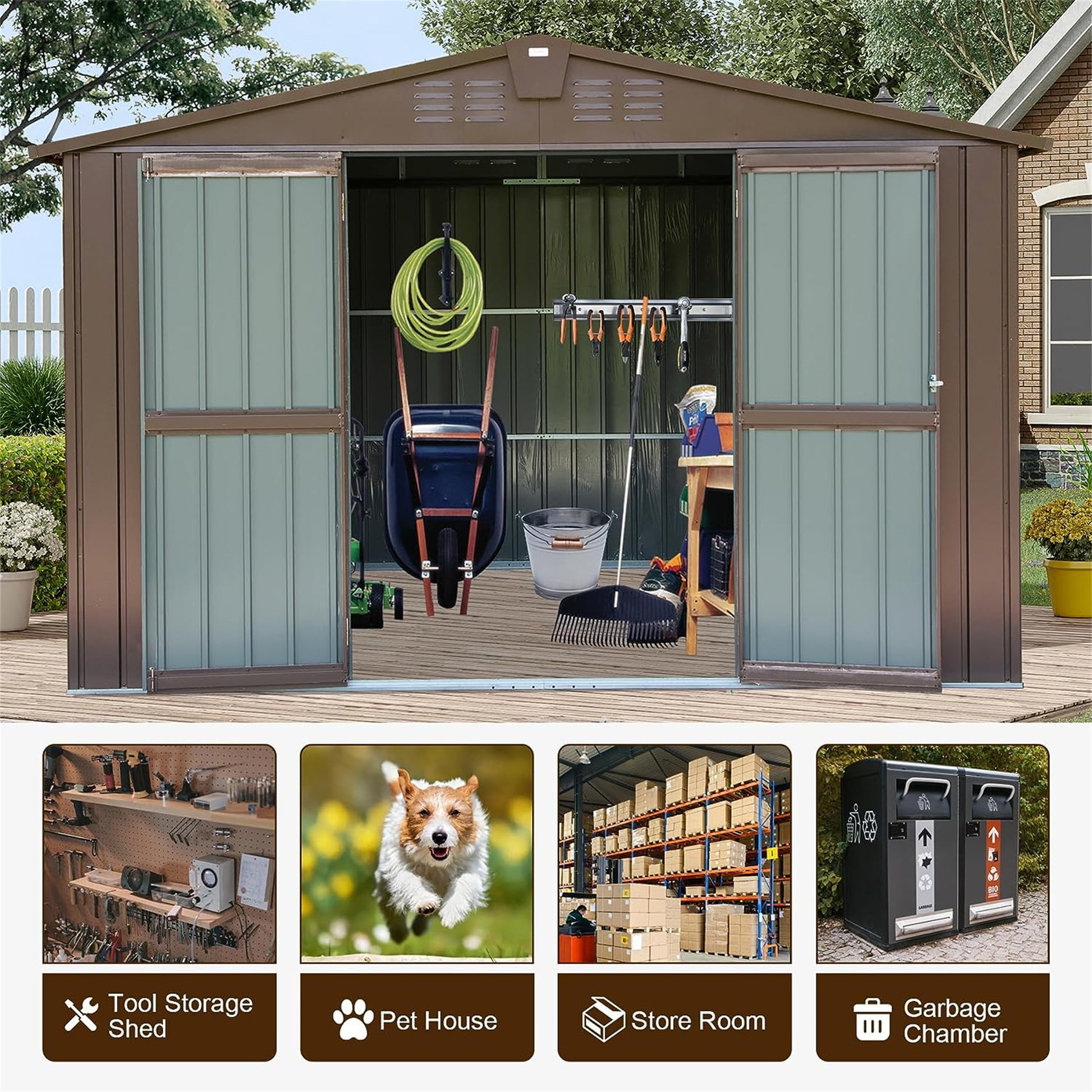 Brown metal garden shed with open doors showing tools and a wheelbarrow inside