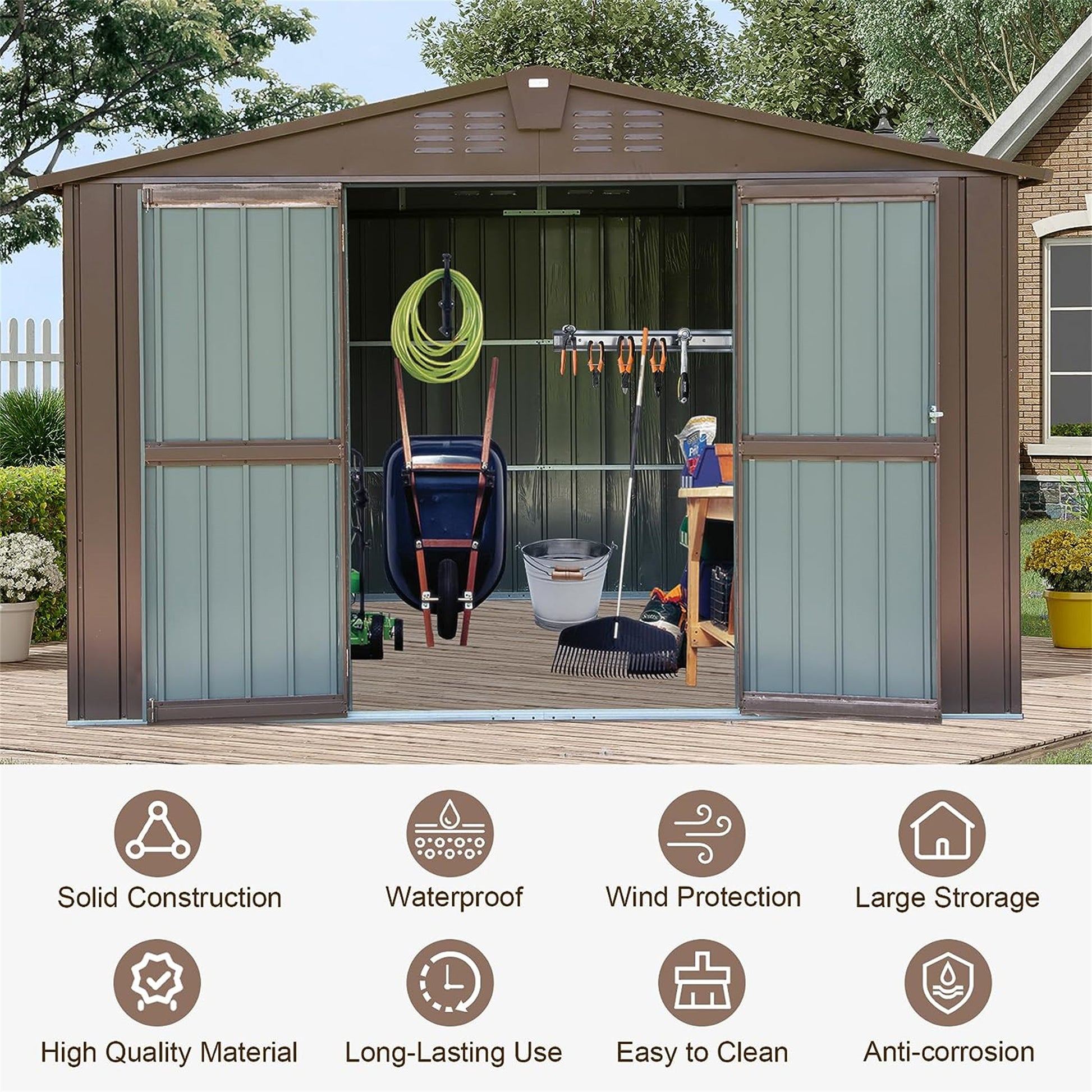 Brown metal garden shed with double doors open showing tools and wheelbarrow inside