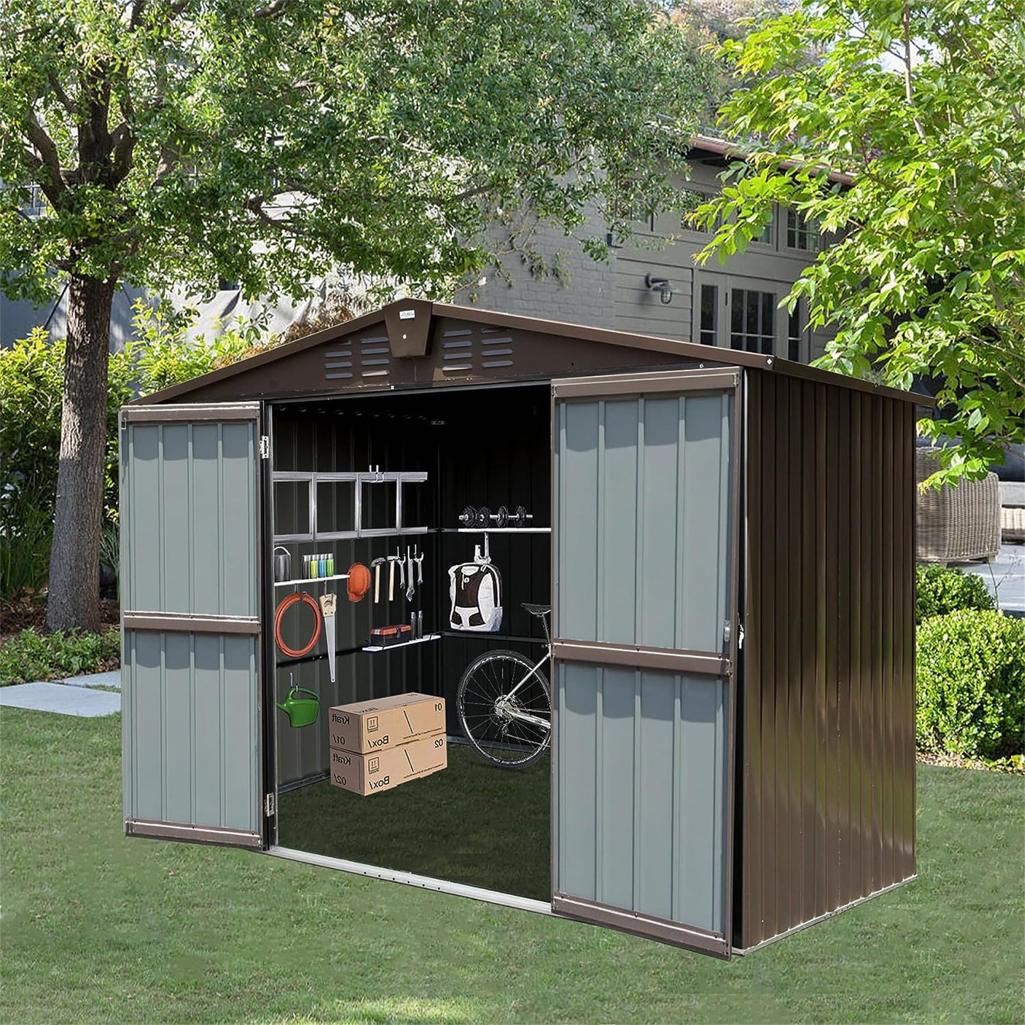 Brown metal garden shed with double doors fully opened revealing tools and bicycle storage