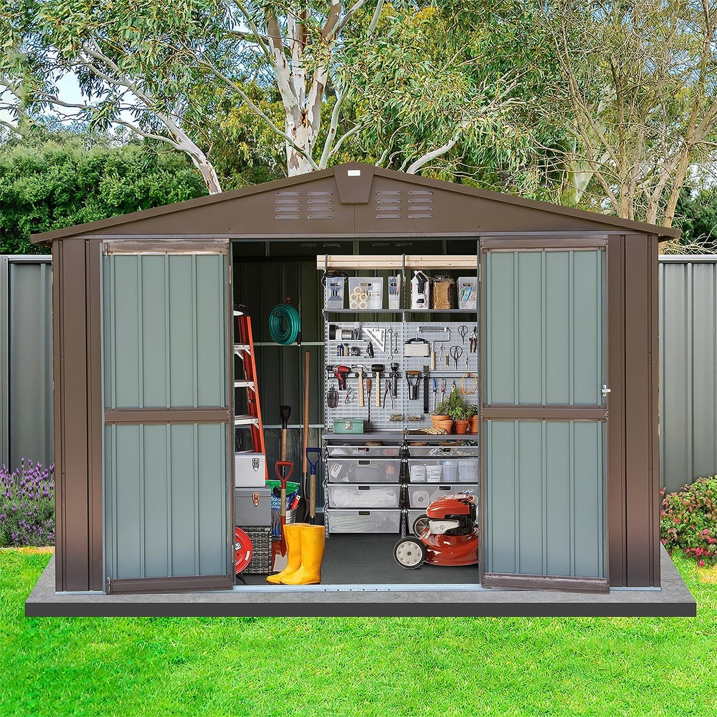 Brown metal garden shed with dual sliding doors organized for outdoor tool storage