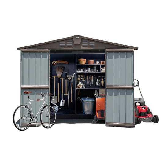 Metal garden shed with tools bike mower and storage bins