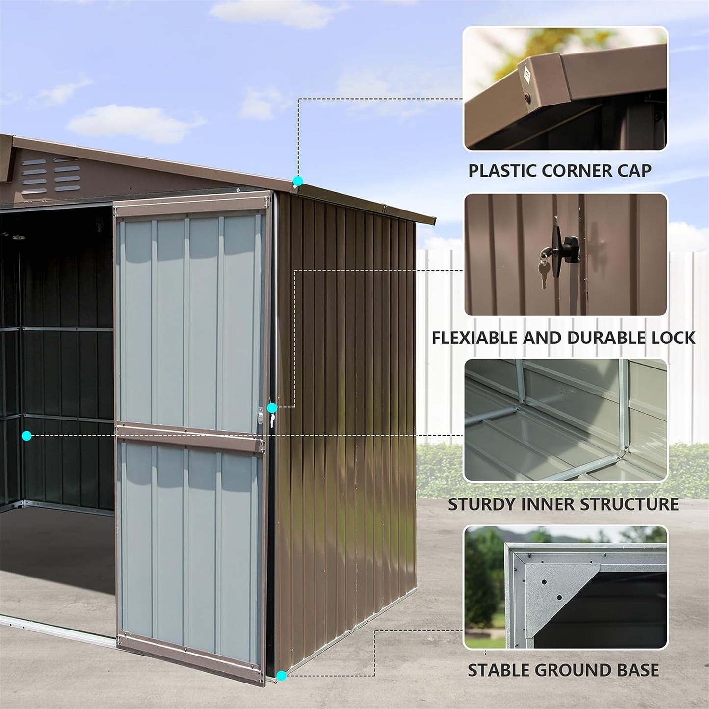 Brown metal storage shed with double sliding doors and ventilation slots